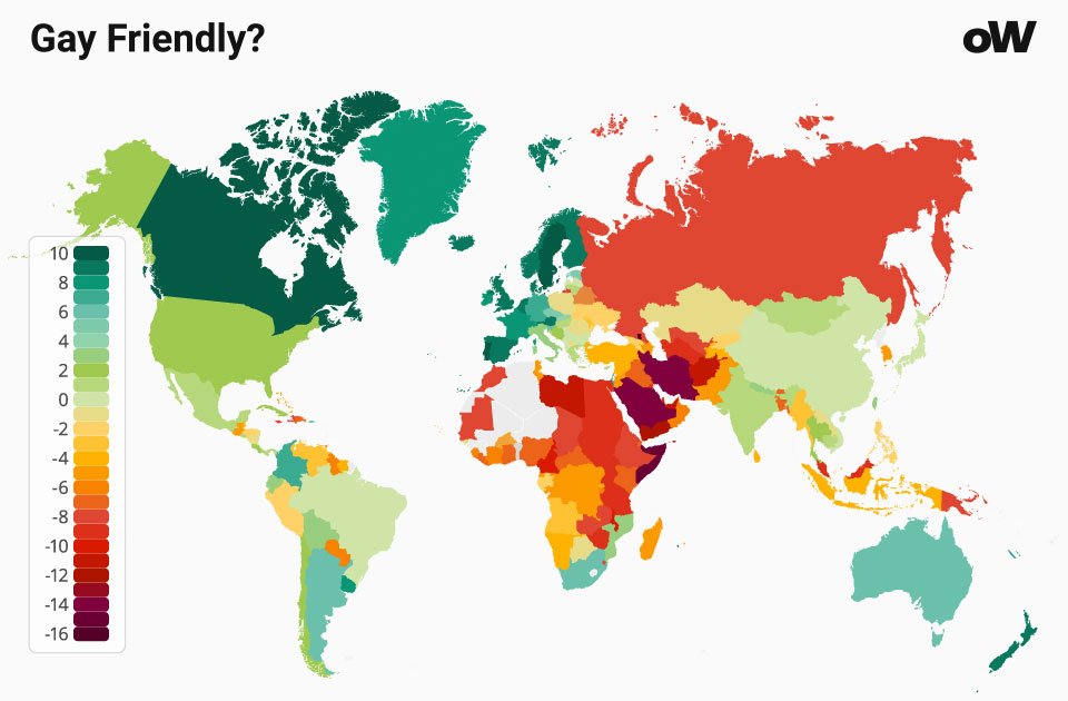 Am I Gay Quiz. Map of friendly and unfriendly countries for gays