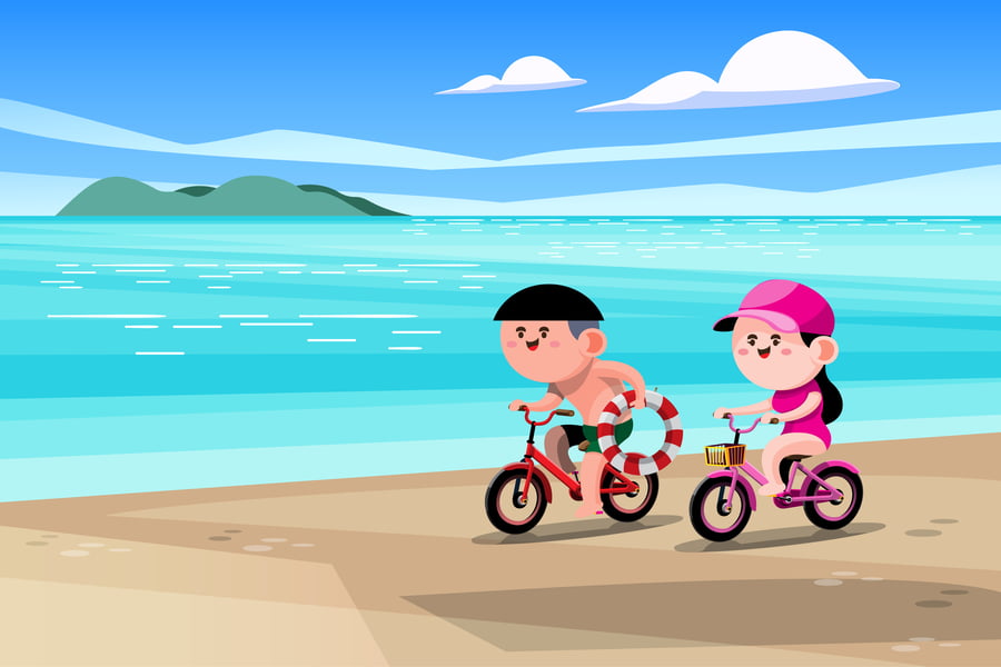 Two happy families riding on bicycles and hold lifebuoy in hand on the beach and and enjoy the scenery